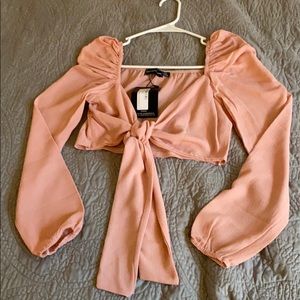 Pink Longsleeve Tie Crop Top